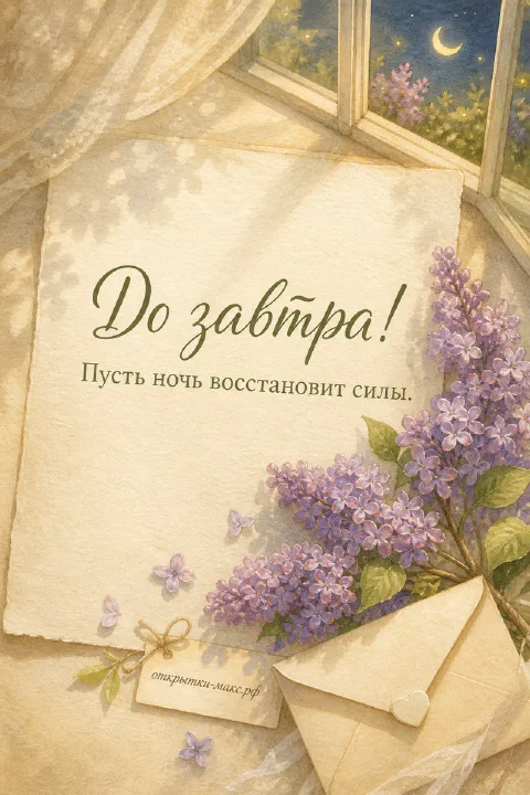 Акварельная сирень с конвертом у окна с видом на луну, надпись «До завтра»