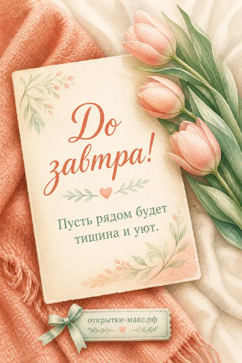 Акварельная открытка с розовыми тюльпанами на персиковом пледе с надписью До завтра