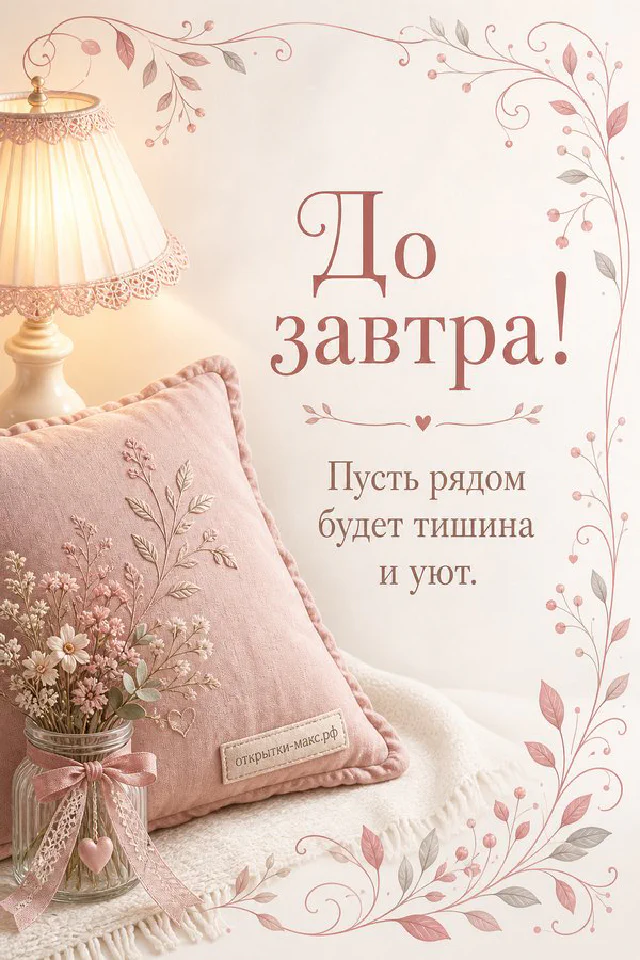 Акварельная открытка с розовыми тюльпанами на персиковом пледе с надписью До завтра — вариант 3