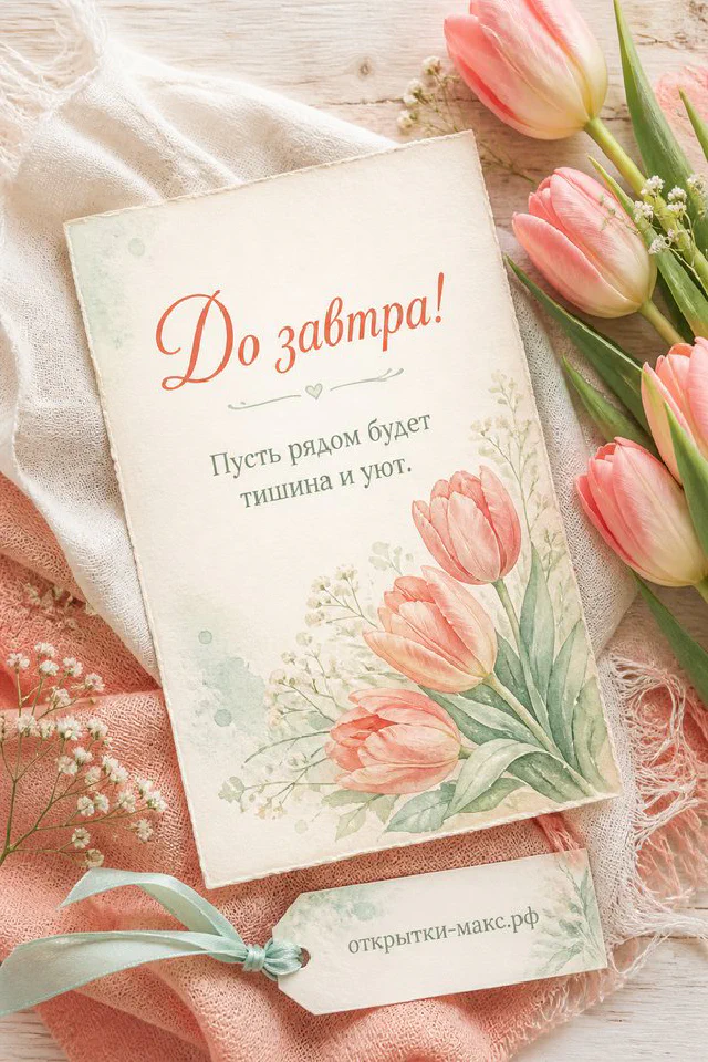 Акварельная открытка с розовыми тюльпанами на персиковом пледе с надписью До завтра — вариант 4
