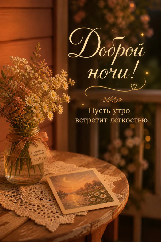Открытка доброй ночи: стеклянная чашка с чаем, открытая книга и фонарик со свечой под луной у занавешенного окна — вариант 3