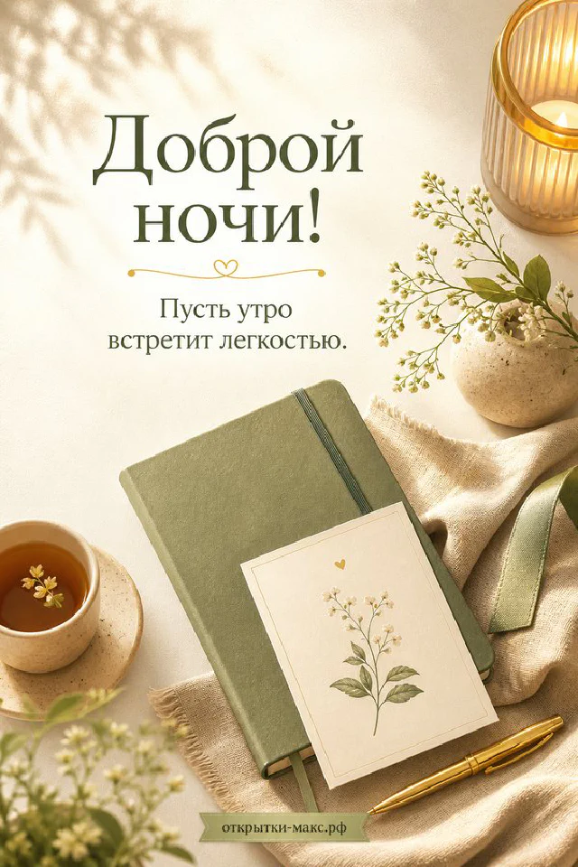 Открытка доброй ночи: стеклянная чашка с чаем, открытая книга и фонарик со свечой под луной у занавешенного окна — вариант 6