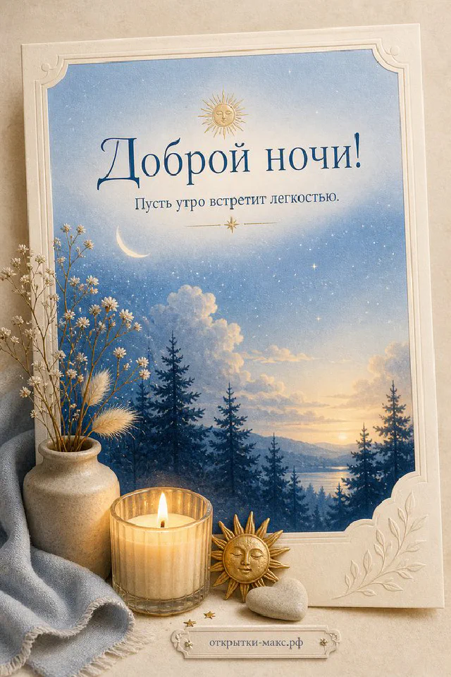 Открытка доброй ночи: стеклянная чашка с чаем, открытая книга и фонарик со свечой под луной у занавешенного окна — вариант 7