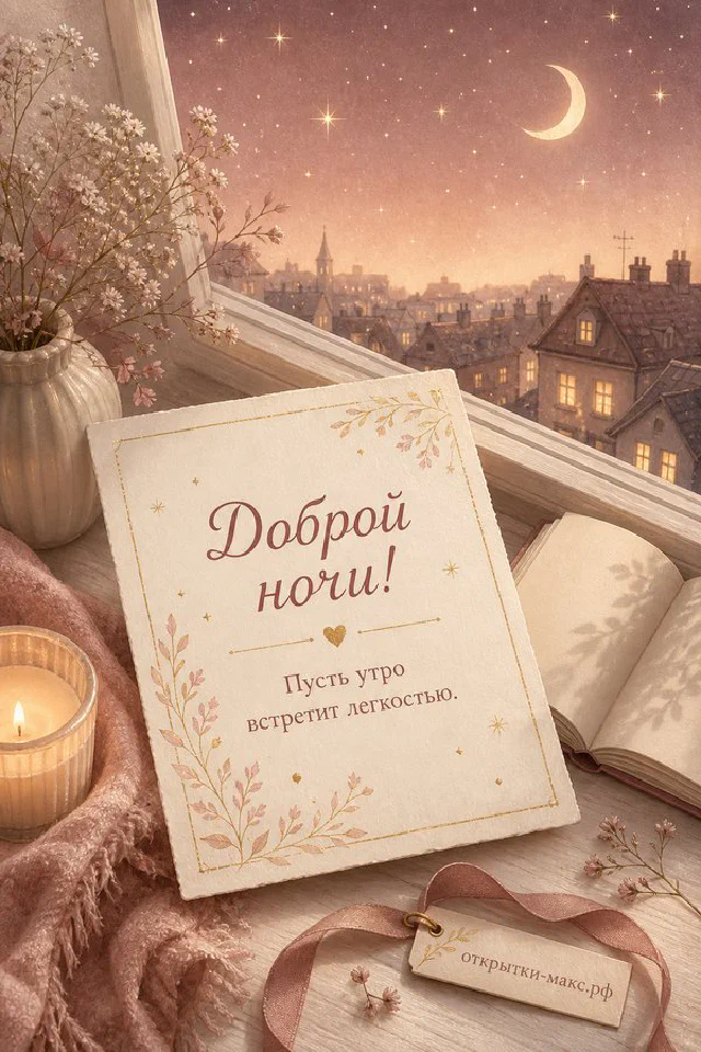 Открытка доброй ночи: стеклянная чашка с чаем, открытая книга и фонарик со свечой под луной у занавешенного окна — вариант 2