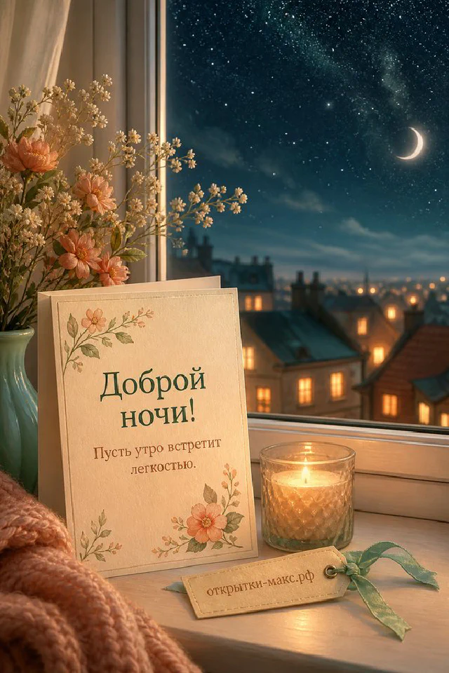 Открытка доброй ночи: стеклянная чашка с чаем, открытая книга и фонарик со свечой под луной у занавешенного окна — вариант 4