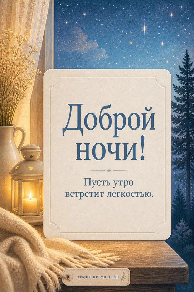 Открытка доброй ночи: стеклянная чашка с чаем, открытая книга и фонарик со свечой под луной у занавешенного окна — вариант 5