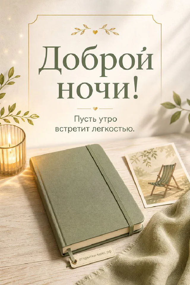 Открытка доброй ночи: стеклянная чашка с чаем, открытая книга и фонарик со свечой под луной у занавешенного окна — вариант 8