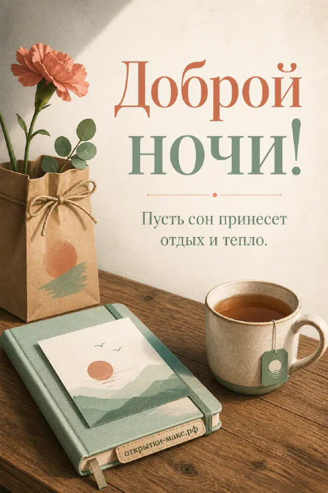 Оранжевая гвоздика в крафт-пакете, блокнот и кружка чая на деревянном столе, надпись «Доброй ночи»