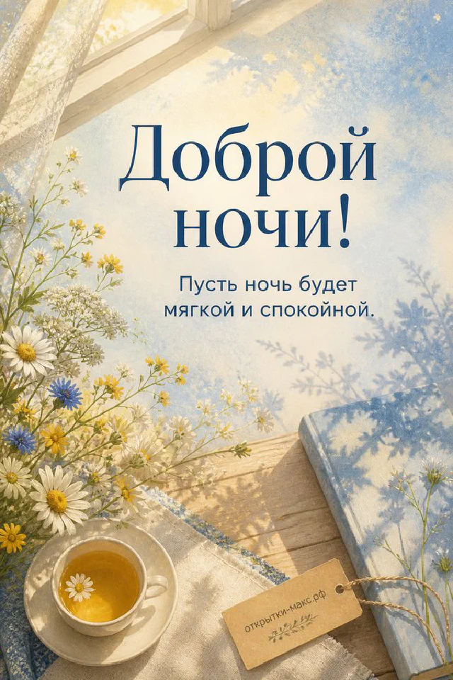 Акварельная открытка доброй ночи с лиловой сиренью, конвертом и ночным лесом за распахнутым окном — вариант 3