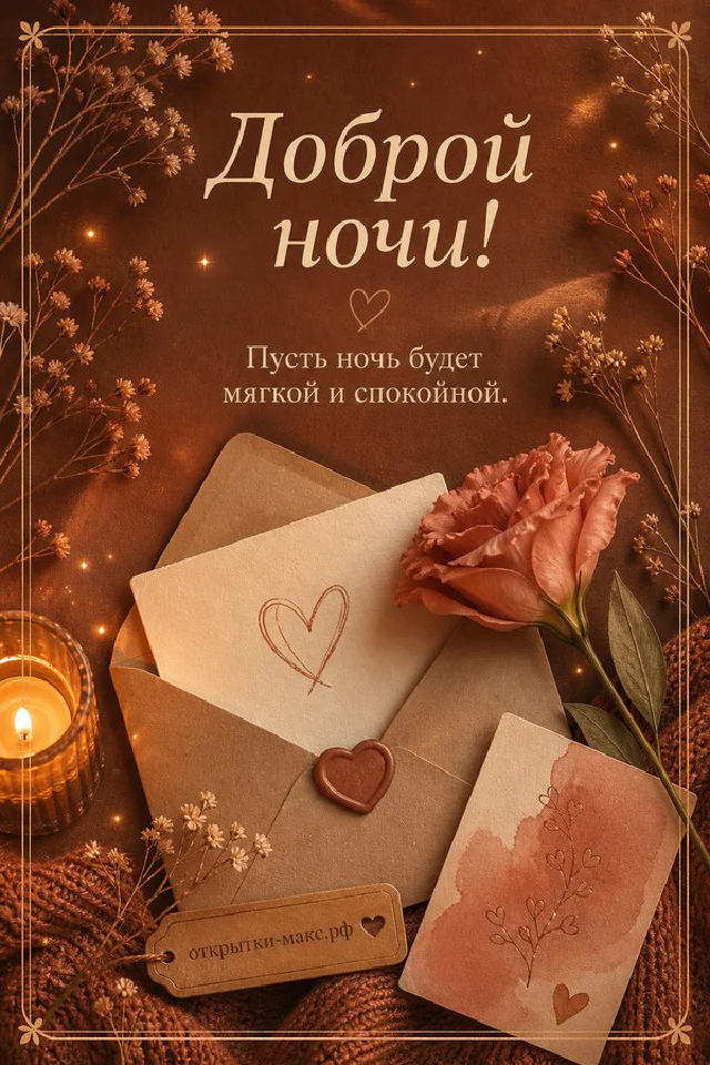 Акварельная открытка доброй ночи с лиловой сиренью, конвертом и ночным лесом за распахнутым окном — вариант 8