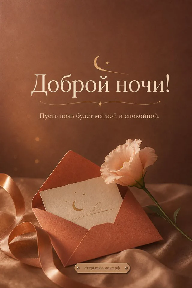 Акварельная открытка доброй ночи с лиловой сиренью, конвертом и ночным лесом за распахнутым окном — вариант 4