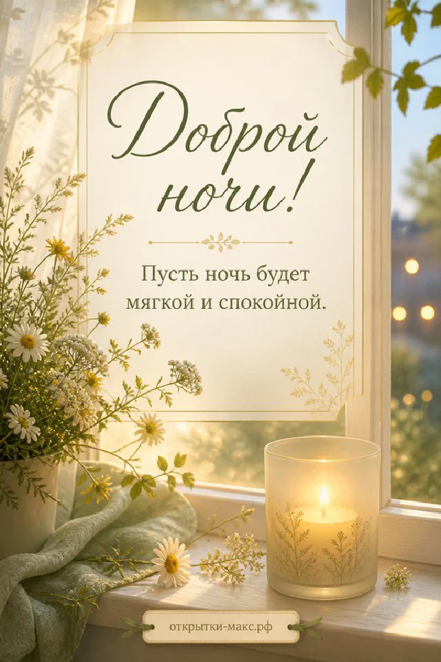 Акварельная открытка доброй ночи с лиловой сиренью, конвертом и ночным лесом за распахнутым окном — вариант 7
