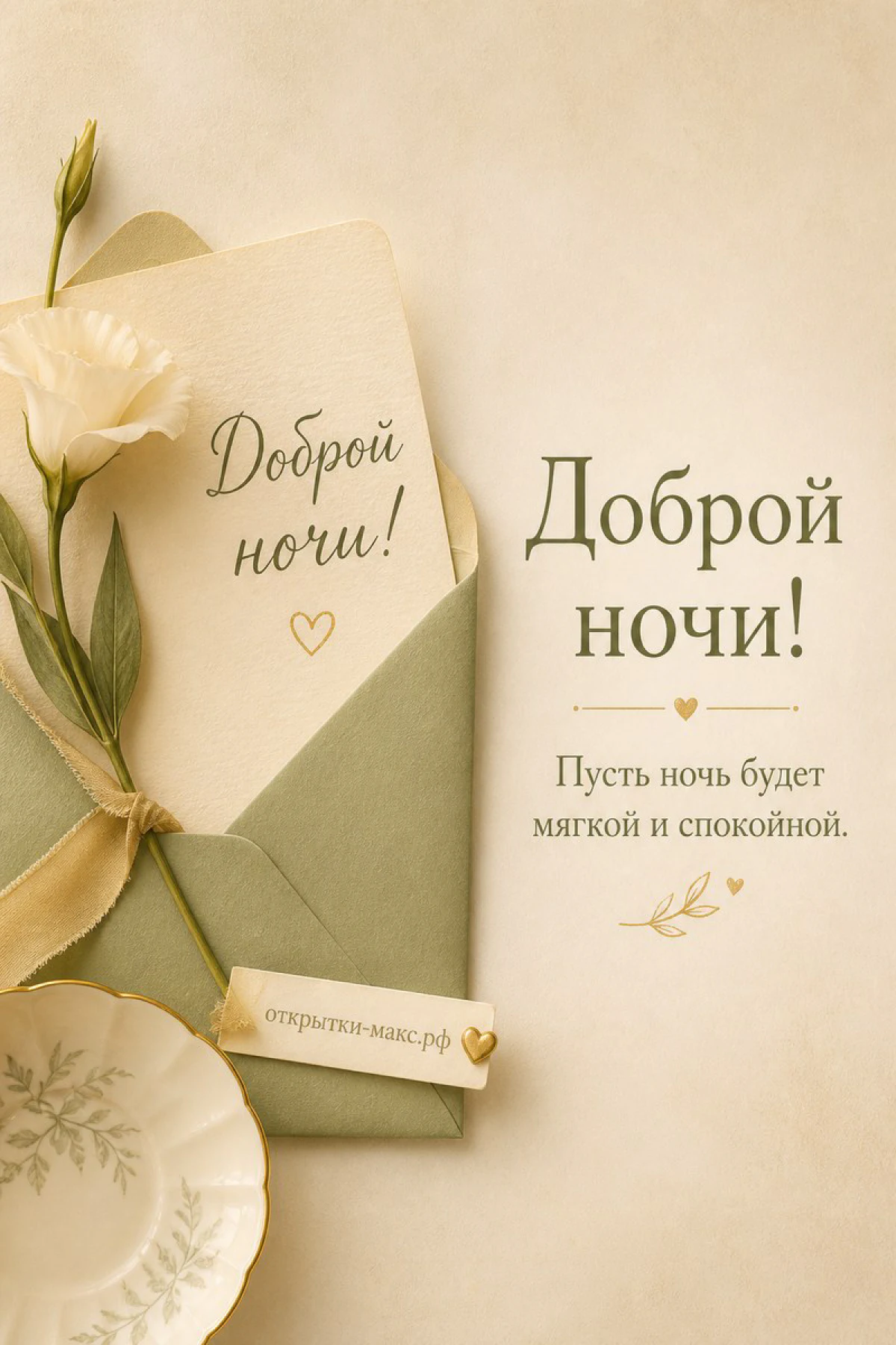 Зелёный конверт с сердечком, белая гвоздика и блюдце на бежевом фоне — открытка «Доброй ночи»