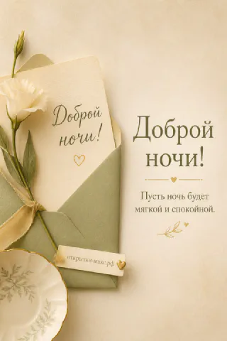 Зелёный конверт с сердечком, белая гвоздика и блюдце на бежевом фоне — открытка «Доброй ночи»
