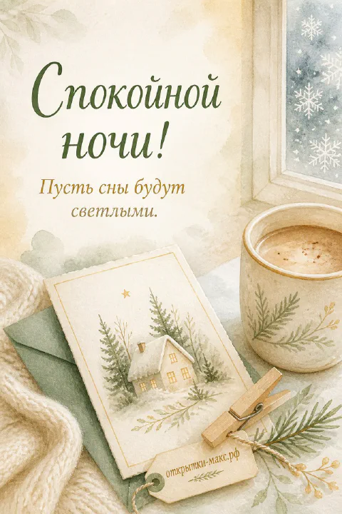 Акварельная карточка с зимним домиком и кружка кофе с пледом у заснеженного окна