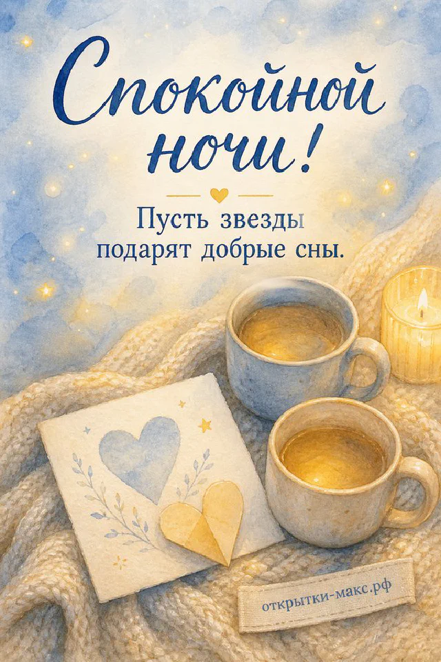 Две голубые кружки с сердечками и свеча на белом пледе с луной и звёздами в акварельном стиле — вариант 4