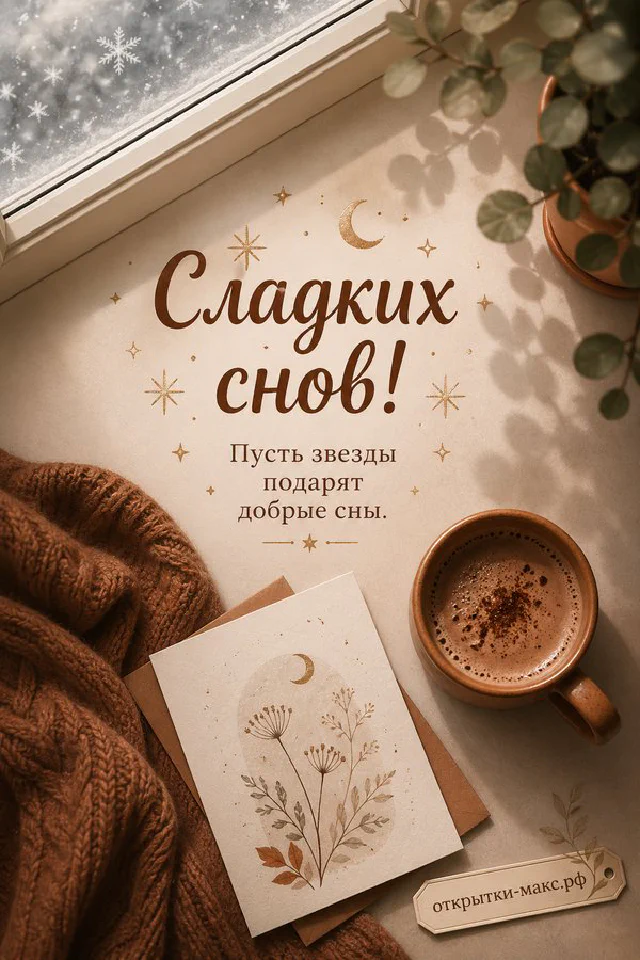 Горящая свеча и золотые огни гирлянды на голубом пледе с надписью Сладких снов — вариант 6