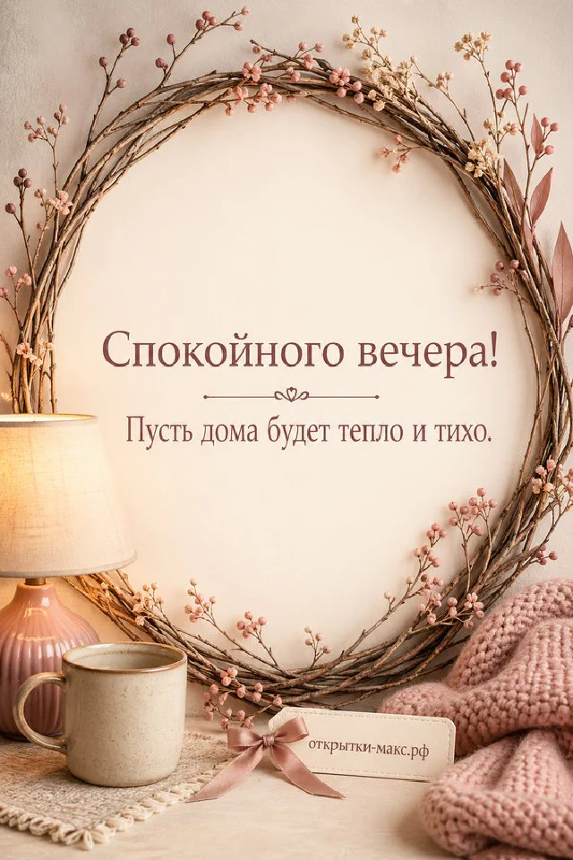 Кружка какао с маршмеллоу и фонарь на фоне заснеженного леса за окном с надписью Спокойного вечера — вариант 2