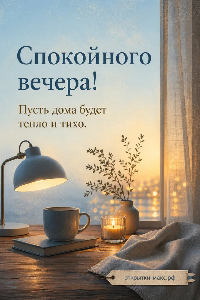 Кружка какао с маршмеллоу и фонарь на фоне заснеженного леса за окном с надписью Спокойного вечера — вариант 3