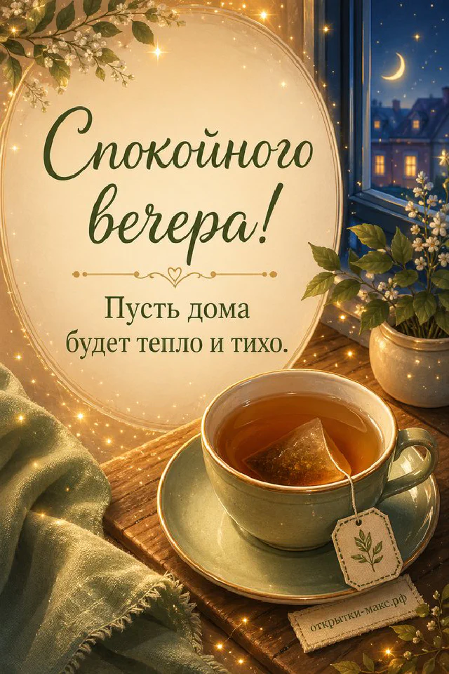 Кружка какао с маршмеллоу и фонарь на фоне заснеженного леса за окном с надписью Спокойного вечера — вариант 4
