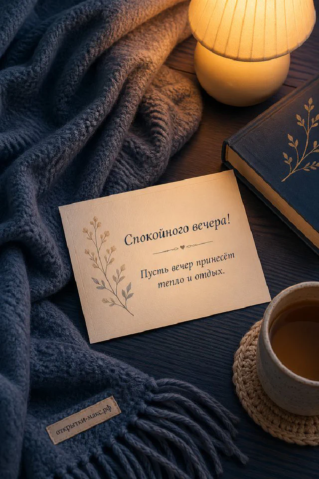 Деревянный столик с торшером, книгой и чашкой чая на фоне тёплой стены с мягким пледом — вариант 2
