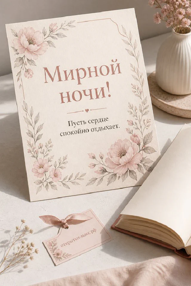 Открытая книга на вязаном пледе со свечой и еловой веткой в полутьме с надписью Мирной ночи — вариант 2
