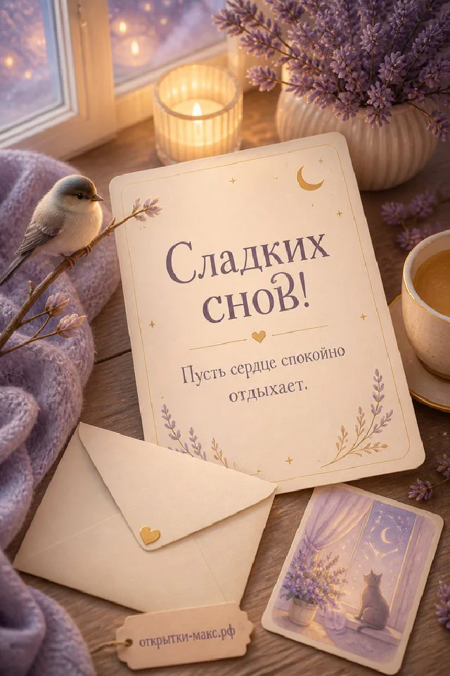 Конверт с надписью Сладких снов, птичка на вазе и лавандовые цветы в вечернем освещении — вариант 3
