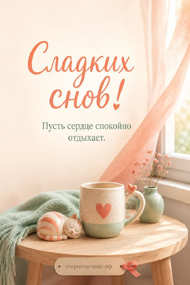 Конверт с надписью Сладких снов, птичка на вазе и лавандовые цветы в вечернем освещении — вариант 5