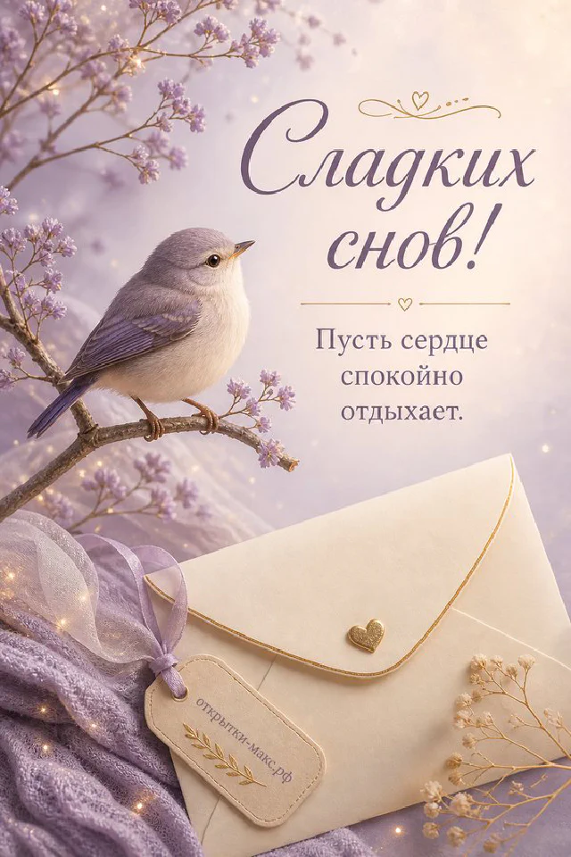 Конверт с надписью Сладких снов, птичка на вазе и лавандовые цветы в вечернем освещении — вариант 2