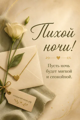 Белая роза с листьями лежит на конверте с золотым сердечком и биркой на нейтральном тканевом фоне