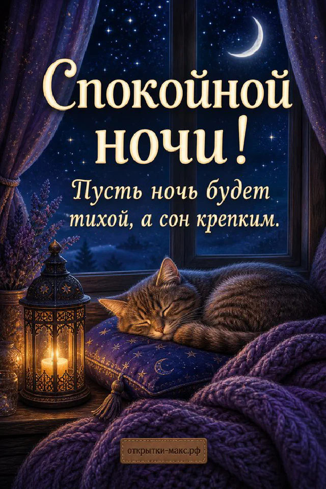 Пушистый кот спит на лиловой подушке у окна со звёздным небом и месяцем, рядом горящий фонарь и лаванда, надпись Спокойной ночи — вариант 5