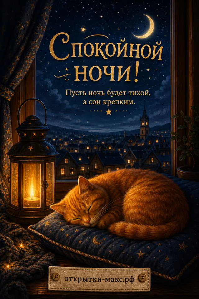 Пушистый кот спит на лиловой подушке у окна со звёздным небом и месяцем, рядом горящий фонарь и лаванда, надпись Спокойной ночи — вариант 8