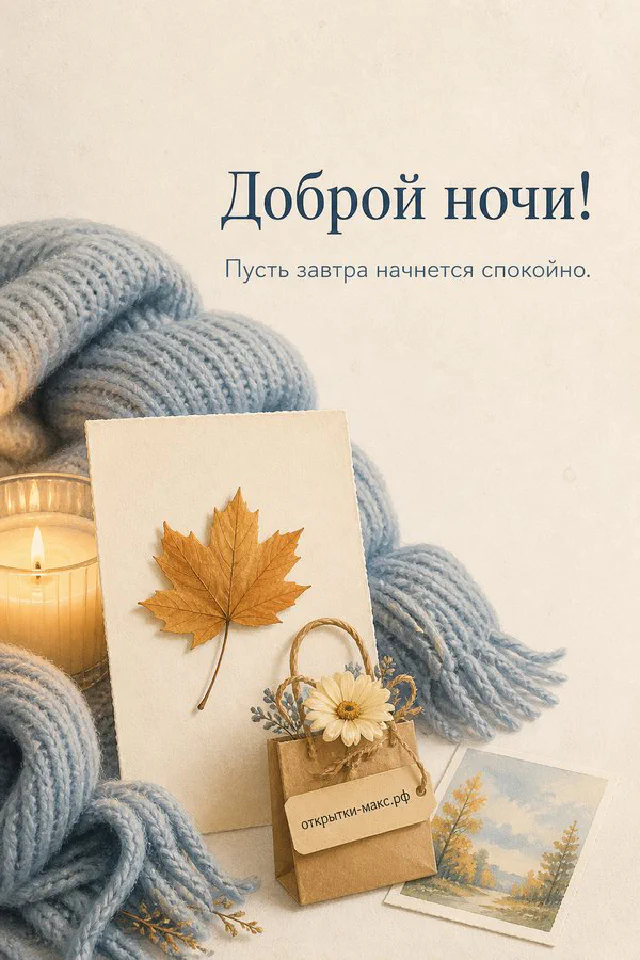 Спящий серый котёнок рядом с открыткой «Доброй ночи!» на розовом пледе, венок из сухих трав и фонарик на светлом фоне — вариант 2
