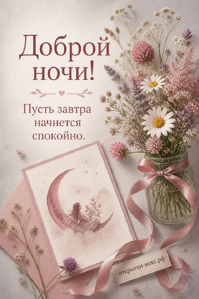 Спящий серый котёнок рядом с открыткой «Доброй ночи!» на розовом пледе, венок из сухих трав и фонарик на светлом фоне — вариант 3
