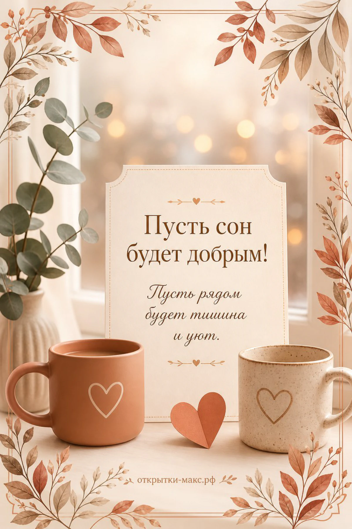 Две терракотовые кружки с сердечками и бумажное сердечко на фоне осенних листьев с надписью Спокойной ночи