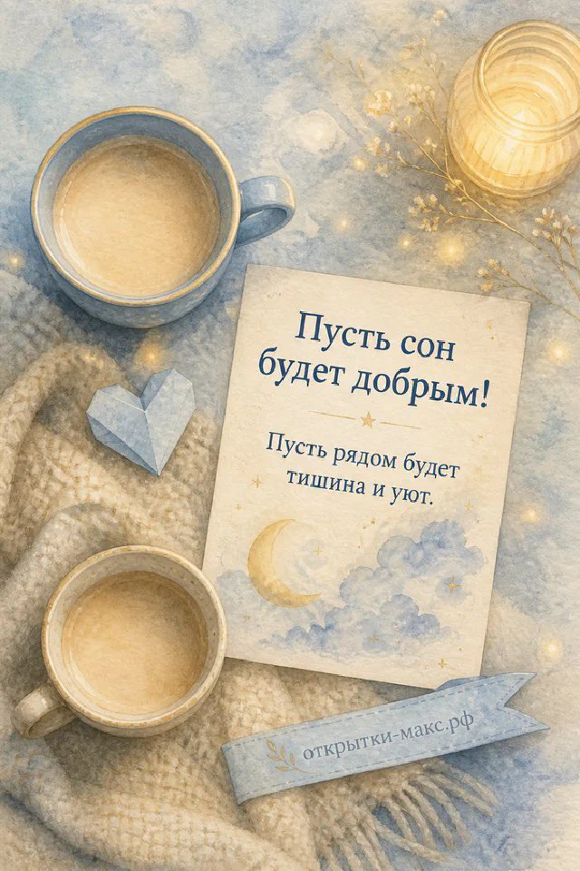 Две терракотовые кружки с сердечками и бумажное сердечко на фоне осенних листьев с надписью Спокойной ночи — вариант 5