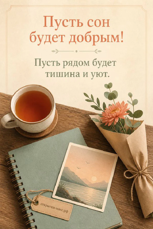 Две терракотовые кружки с сердечками и бумажное сердечко на фоне осенних листьев с надписью Спокойной ночи — вариант 4