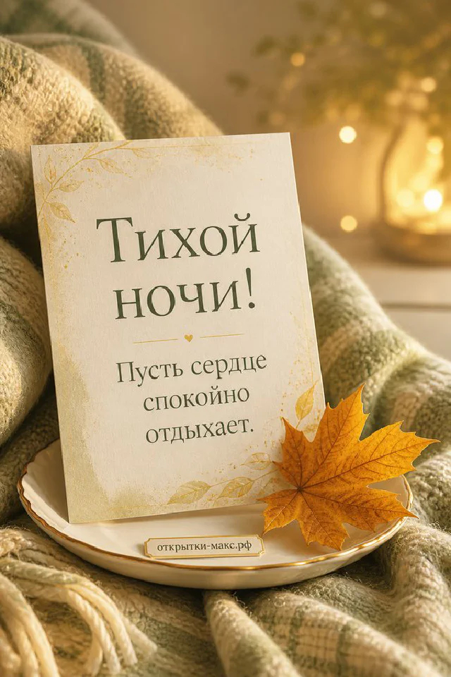 Открытка тихой ночи с лавандовыми цветами, золотым месяцем на ленте и фиолетовой рамкой — вариант 2