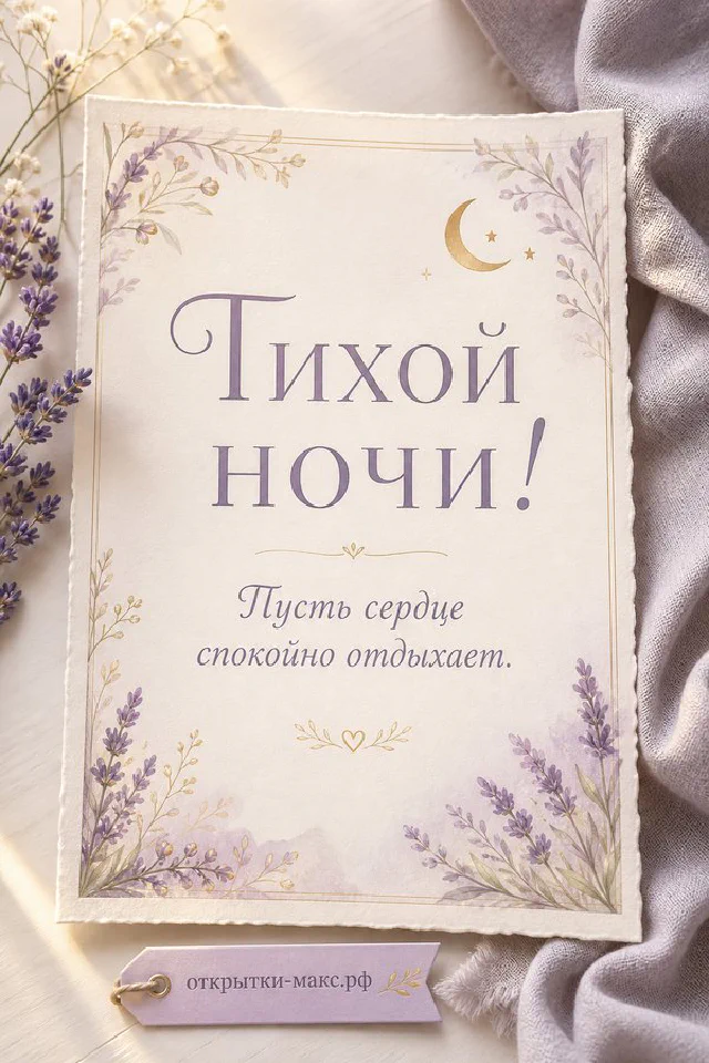 Открытка тихой ночи с лавандовыми цветами, золотым месяцем на ленте и фиолетовой рамкой — вариант 4