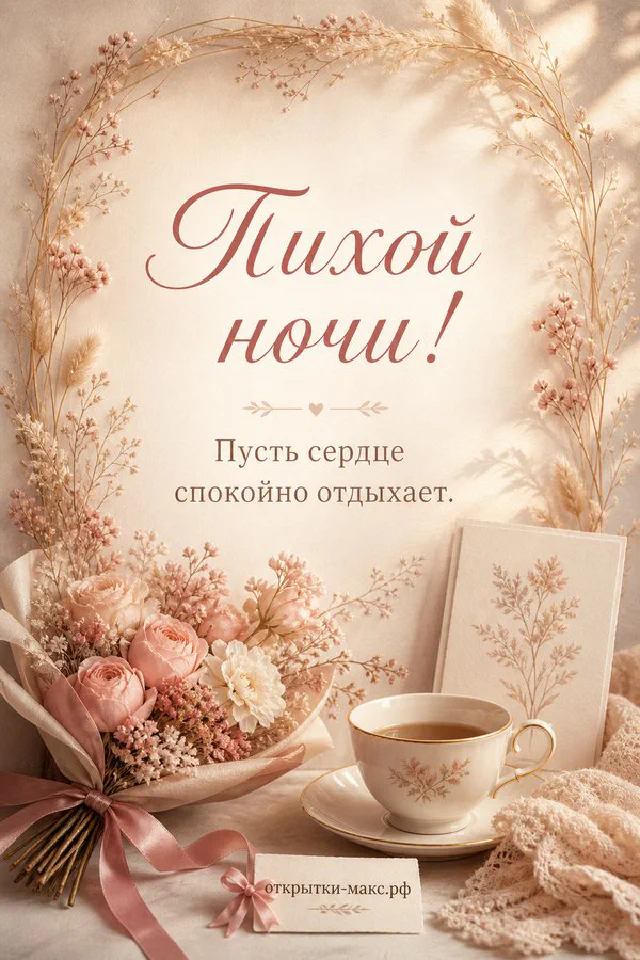 Открытка тихой ночи с лавандовыми цветами, золотым месяцем на ленте и фиолетовой рамкой — вариант 5