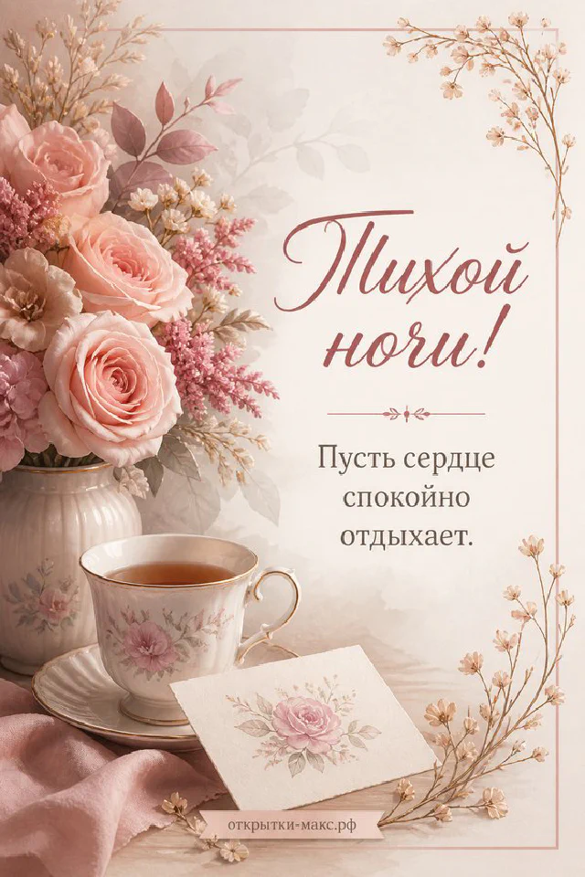 Открытка тихой ночи с лавандовыми цветами, золотым месяцем на ленте и фиолетовой рамкой — вариант 3