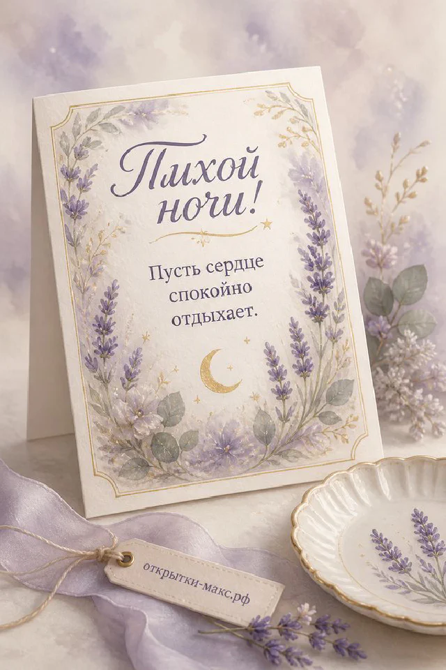 Открытка тихой ночи с лавандовыми цветами, золотым месяцем на ленте и фиолетовой рамкой — вариант 6
