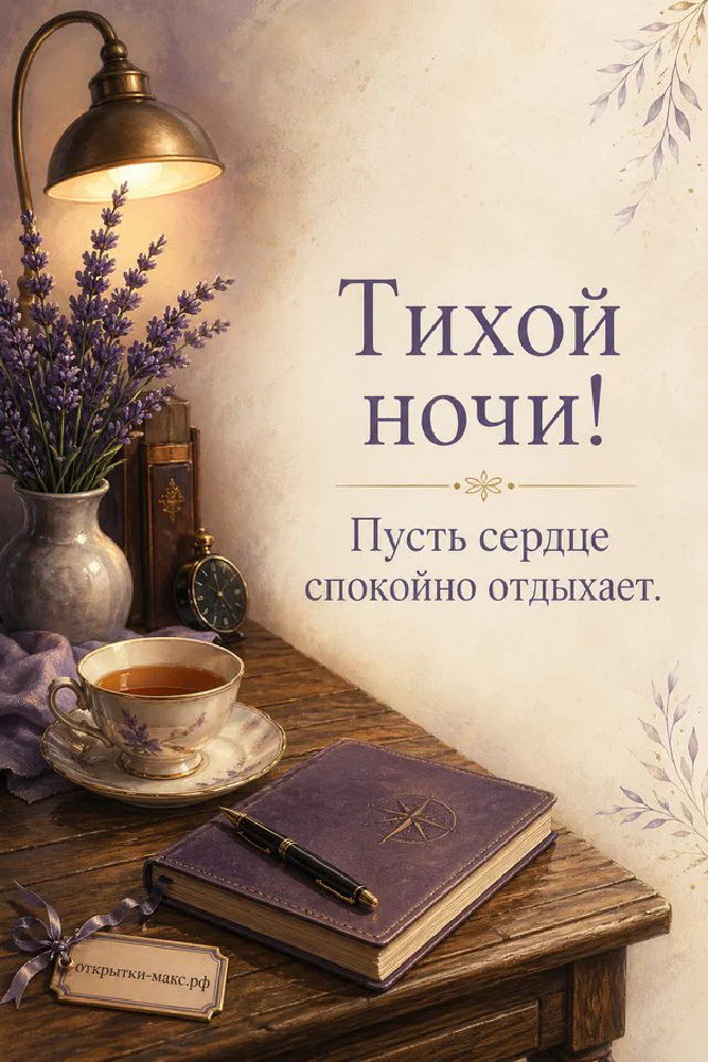 Открытка тихой ночи с лавандовыми цветами, золотым месяцем на ленте и фиолетовой рамкой — вариант 7