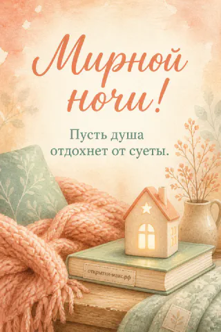 Акварельный домик-светильник на книге рядом с розовым пледом и вазой, надпись «Мирной ночи»