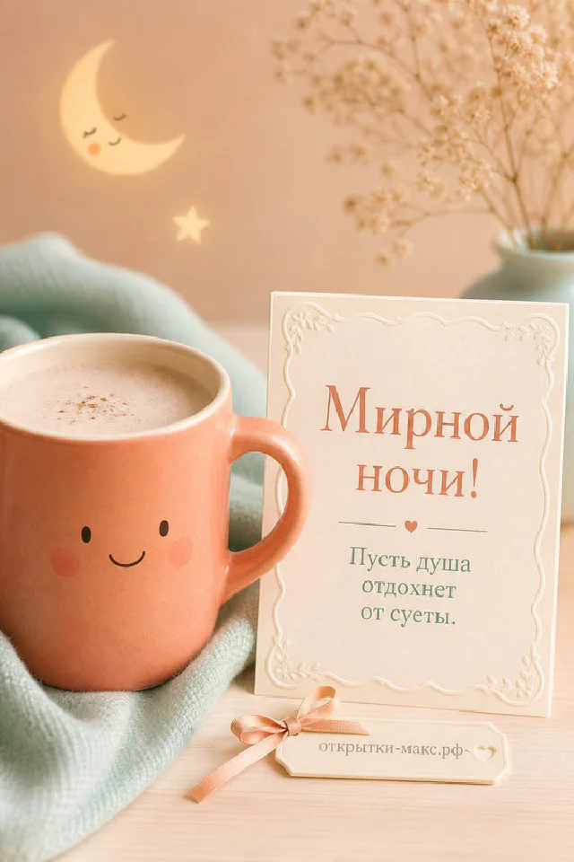 Акварельный домик-светильник на книге рядом с розовым пледом и вазой, надпись «Мирной ночи» — вариант 2