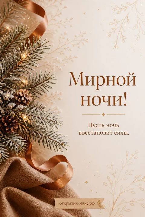 Заснеженная ёлочная ветвь с шишками и золотой лентой на кремовом фоне — открытка «Мирной ночи»