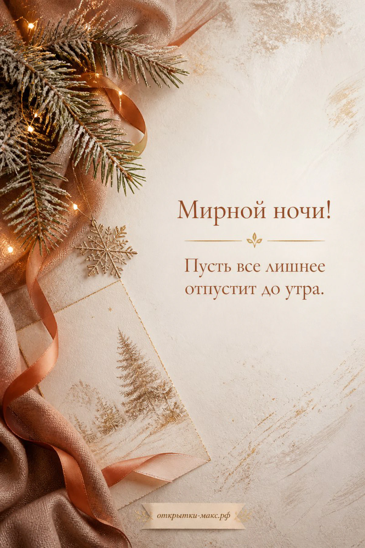 Еловая ветка с гирляндой огней и золотой снежинкой на бежевом фоне, надпись «Мирной ночи»