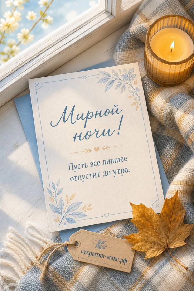 Еловая ветка с гирляндой огней и золотой снежинкой на бежевом фоне, надпись «Мирной ночи» — вариант 2