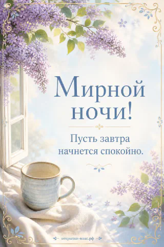 Голубая кружка кофе на льняной ткани у открытого окна с цветущей сиренью снаружи, надпись «Мирной ночи!»
