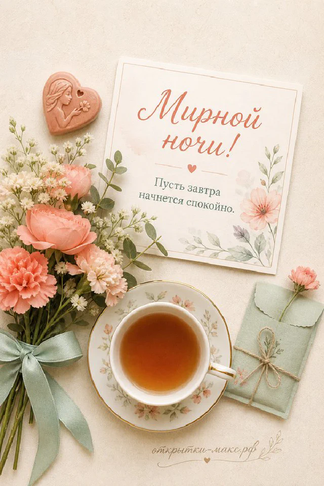Голубая кружка кофе на льняной ткани у открытого окна с цветущей сиренью снаружи, надпись «Мирной ночи!» — вариант 2